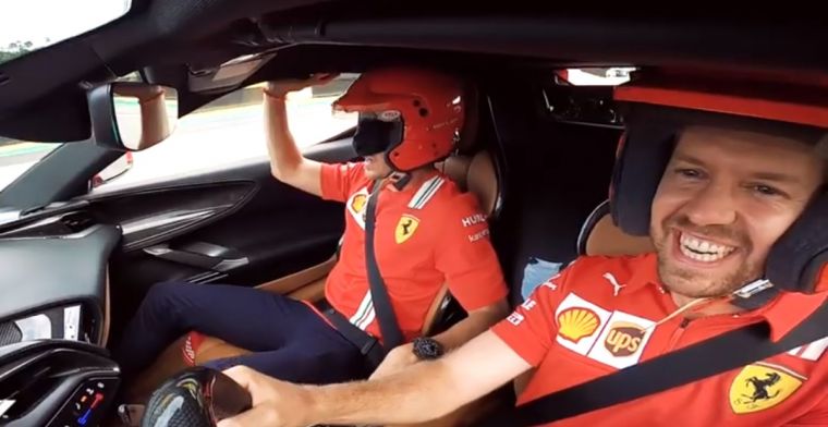 Leclerc doodsbang als geblinddoekte passagier, Vettel moet vooral lachen